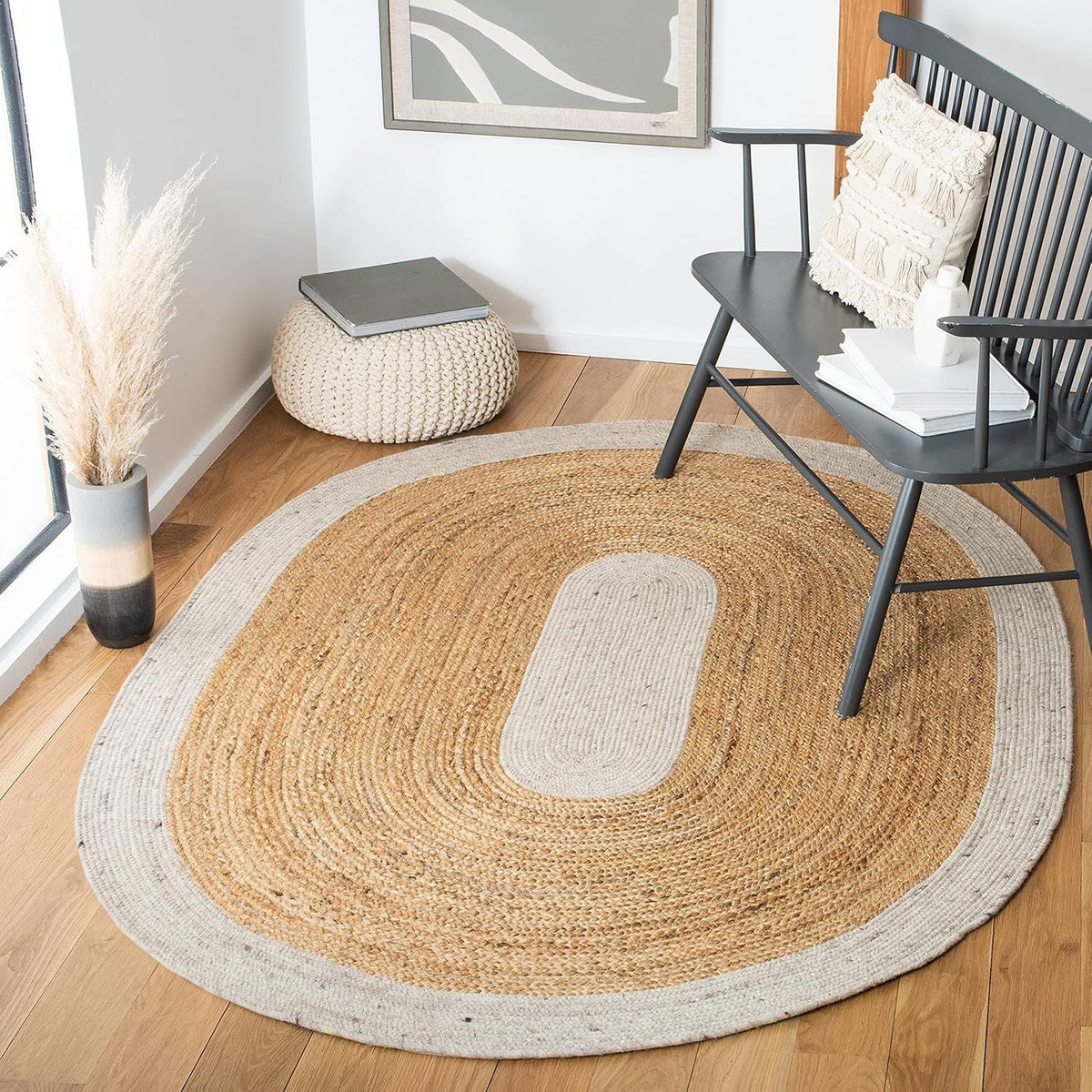Oval Jute Rug with Contrast Border | Handmade Natural Fiber Area Rug (Multi-Color Border Options)