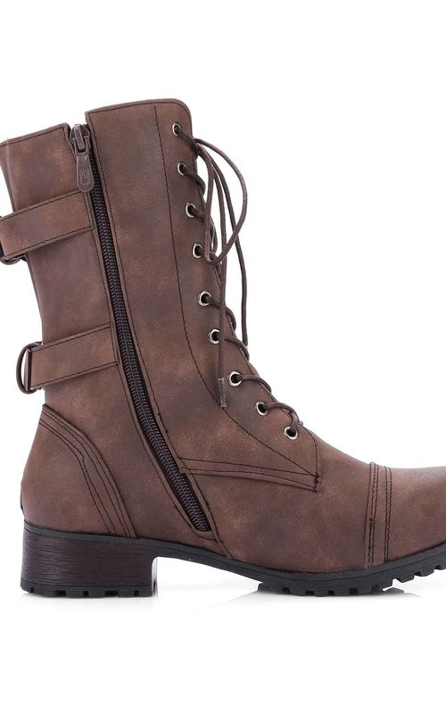 Women Round Toe Boots Buckle Zipper Lace Up Shoes Chunky Heel Mid Calf Riding Boots