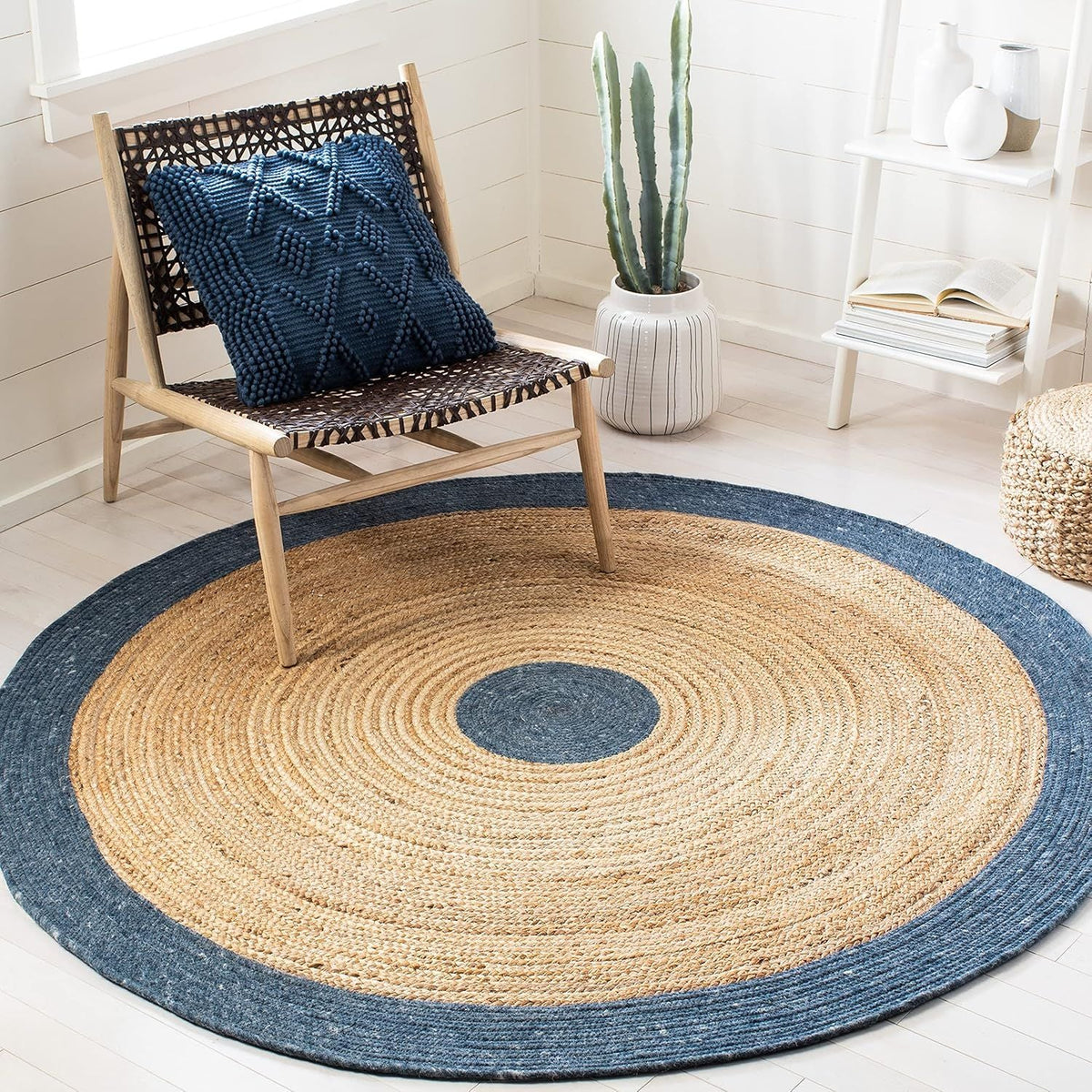 Navy Blue Border & Center Jute Round Rug | Dual Tone Handwoven Natural Area Carpet