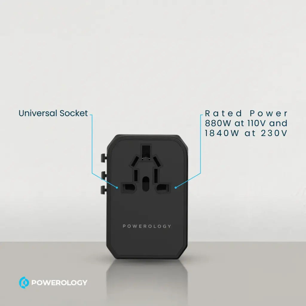 Powerology Universal Travel Adapter 45W PD Fast Charge, 3× USB-A + USB-C, Global Plug, Black