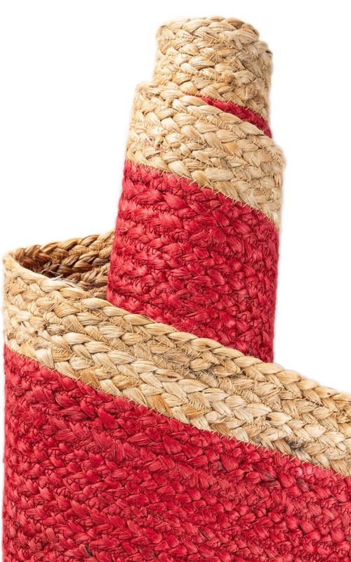 Round Jute Area Rug with Red Center & Natural Border | Handwoven Boho Area Carpet