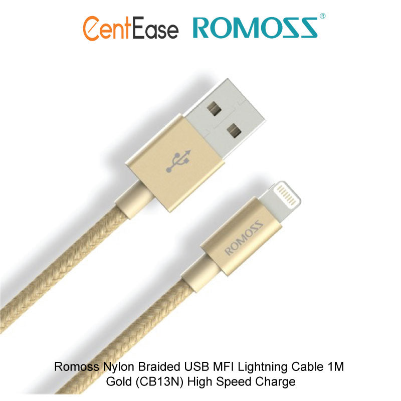 ROMOSS CB13N Nylon Braided USB MFI Lightning Cable 1M - Gold High Speed Charge
