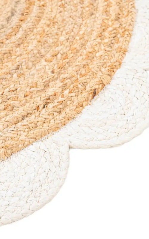 Handmade Scalloped Round Jute Rug with White Border – Natural Eco-Friendly Boho Area Rug
