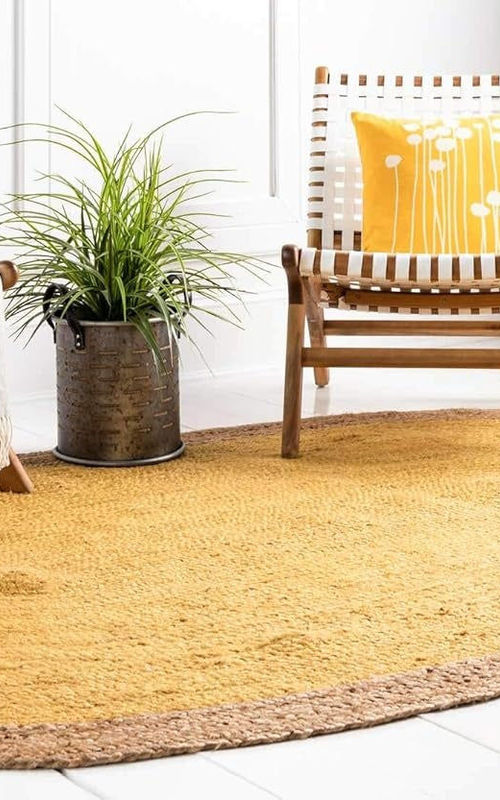 Handmade Round Yellow & Natural Jute Rug – Inner Yellow with Natural Border | Eco-Friendly Area Rug