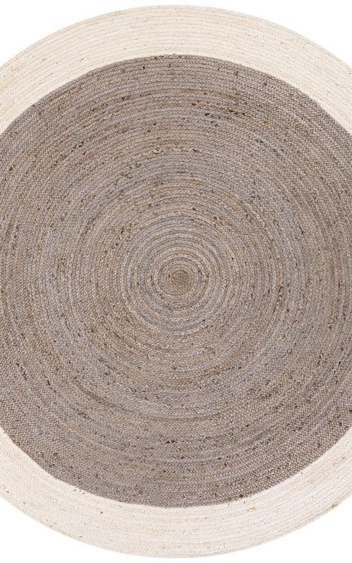 Modern Grey Round Area Rug with White Border | Handwoven Minimalist Round Carpet