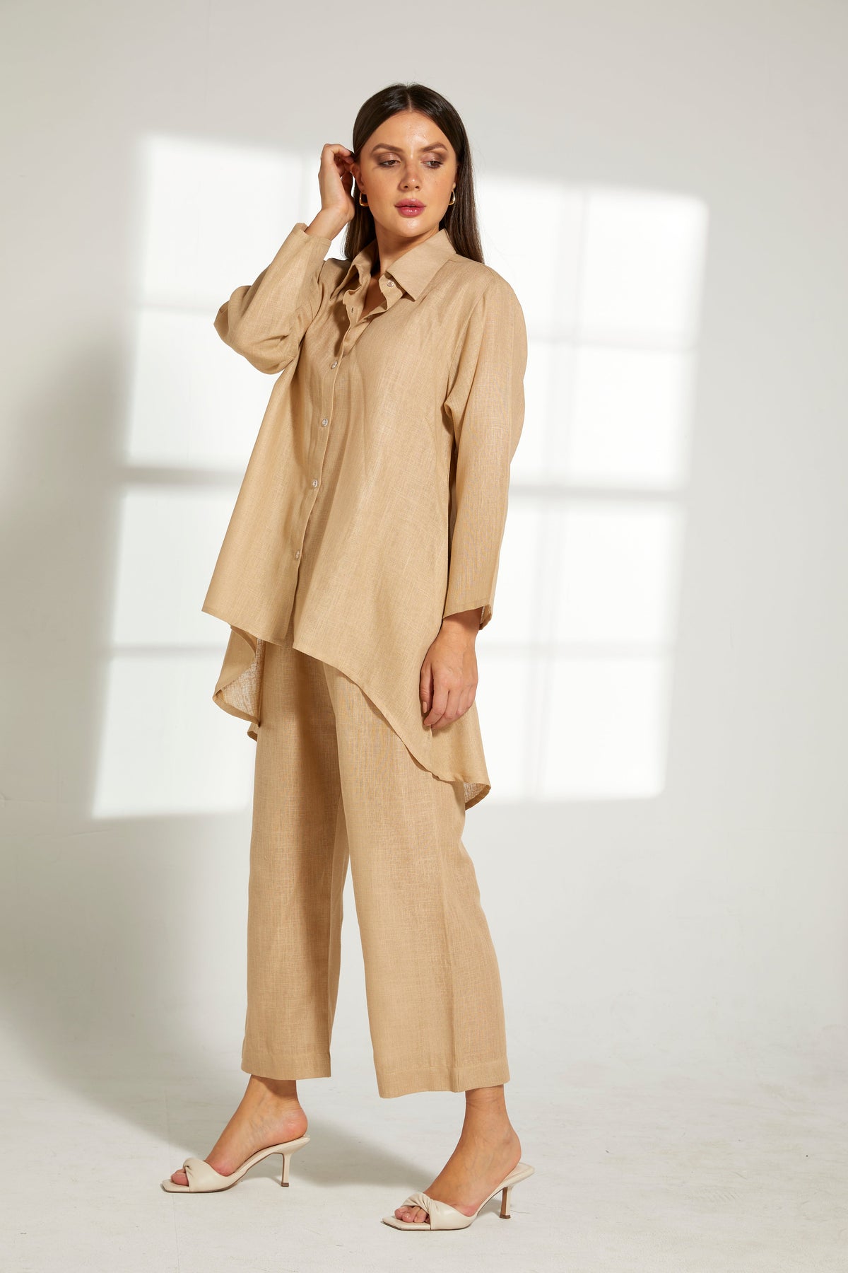 MOiSTREET Beige Linen Fabric Top and Pants Set