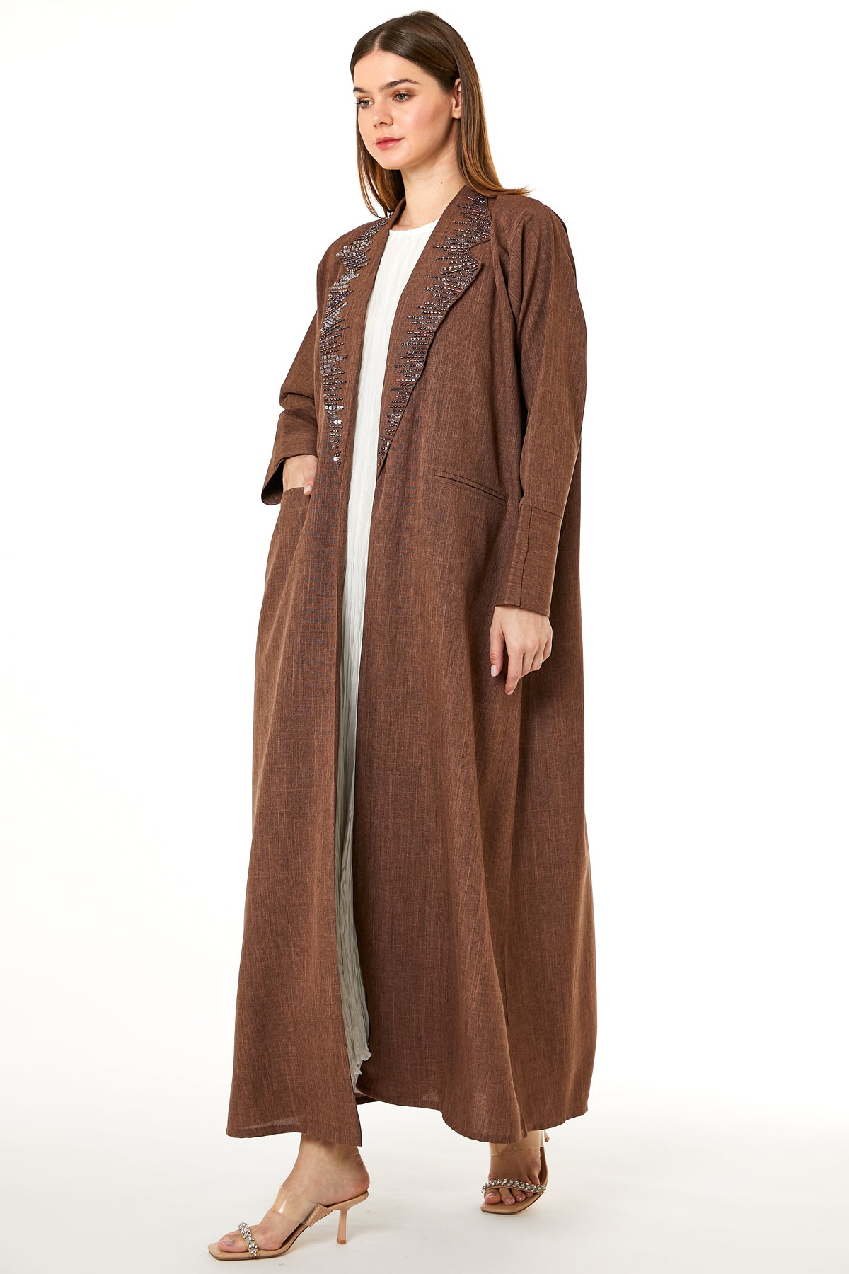 MOiSTREET Brown Melange Hand Embellished Abaya