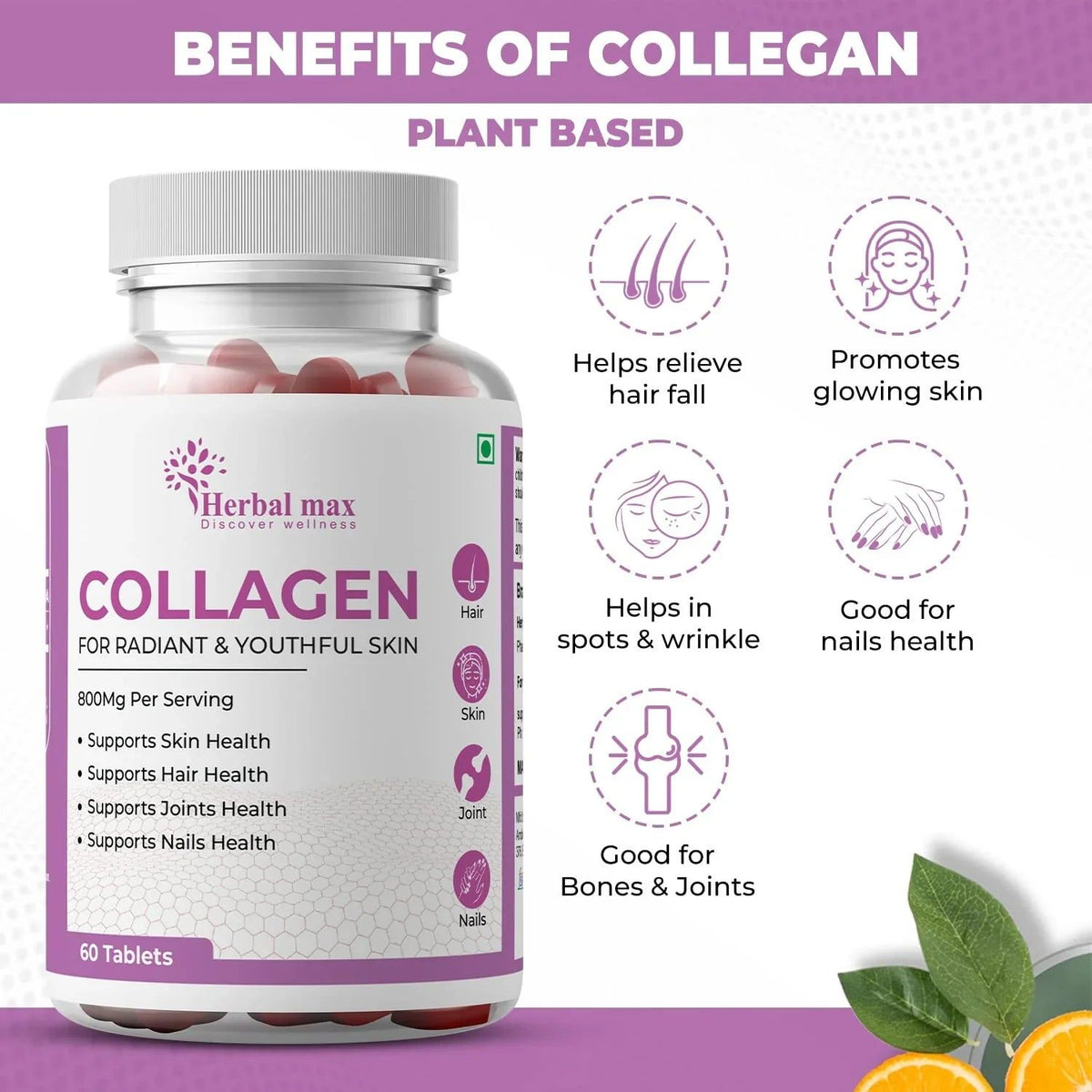 Herbal Max Collagen 60 Tablets 800Mg + FREE Plix Flaunt Your Hair Orange Burst 15 Effervescent Tablets Combo