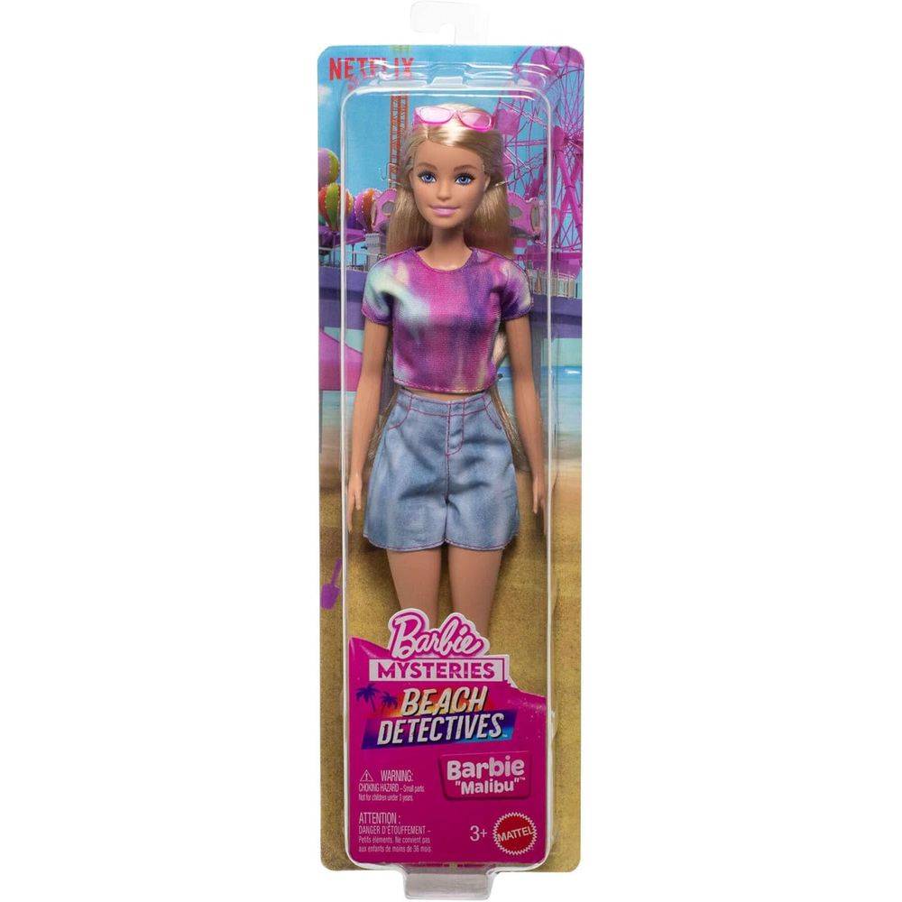 Barbie Mysteries, Beach Detectives “Malibu” Fashion Doll, Removable Signature Outfit with Sunglasses & Accessories, 3+ Years