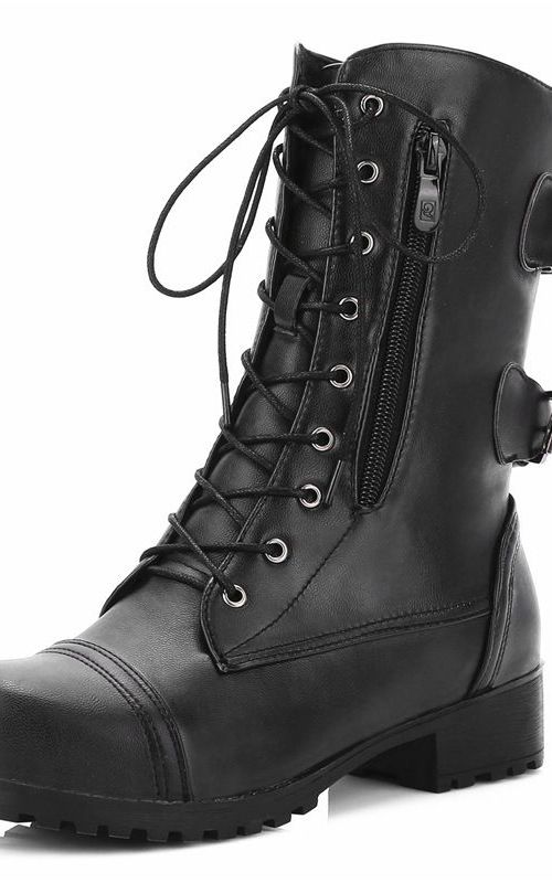 Women Round Toe Boots Buckle Zipper Lace Up Shoes Chunky Heel Mid Calf Riding Boots