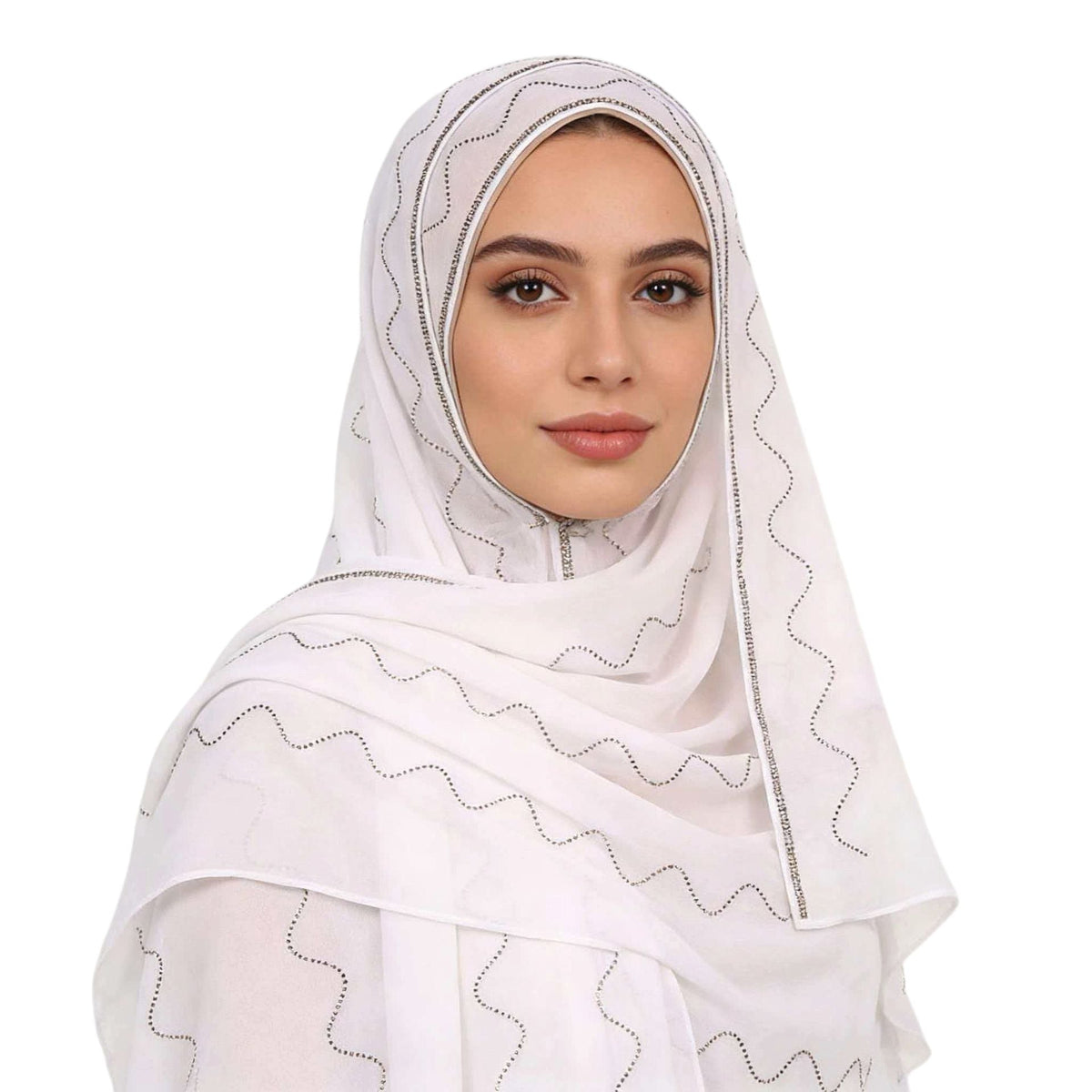 White Pearl Rhinestone Chiffon Hijab Scarf for Women