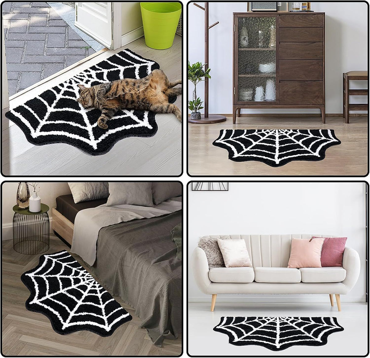 AIESY® Live Beautiful ! Spider Web Bath Mat, Black and White, Non-Slip Halloween Theme Bathroom Rug, Gothic Home Decor