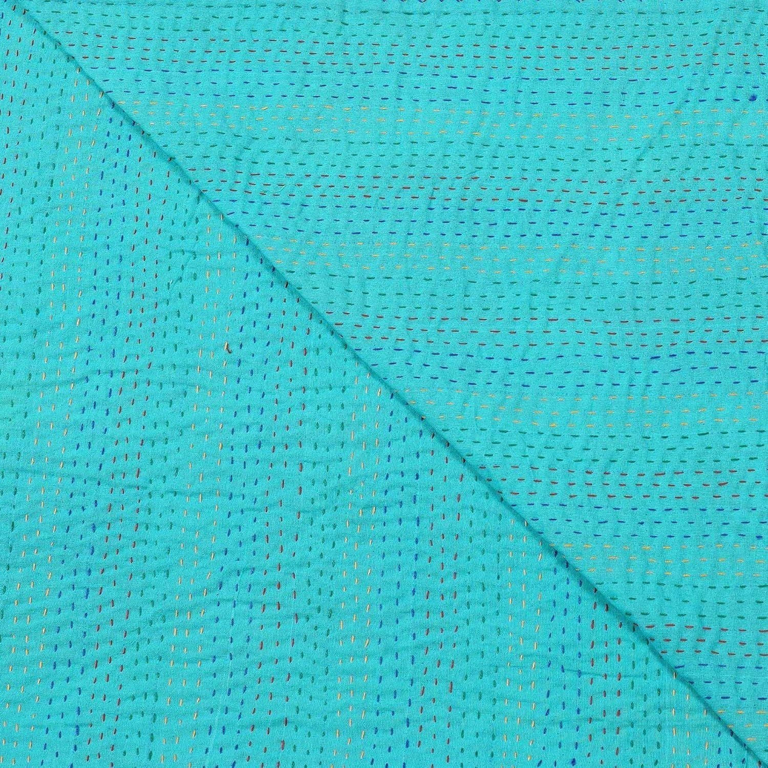 Sea Green Kantha Quilt – Handmade Floral Cotton Bedspread | Boho Vintage Blanket