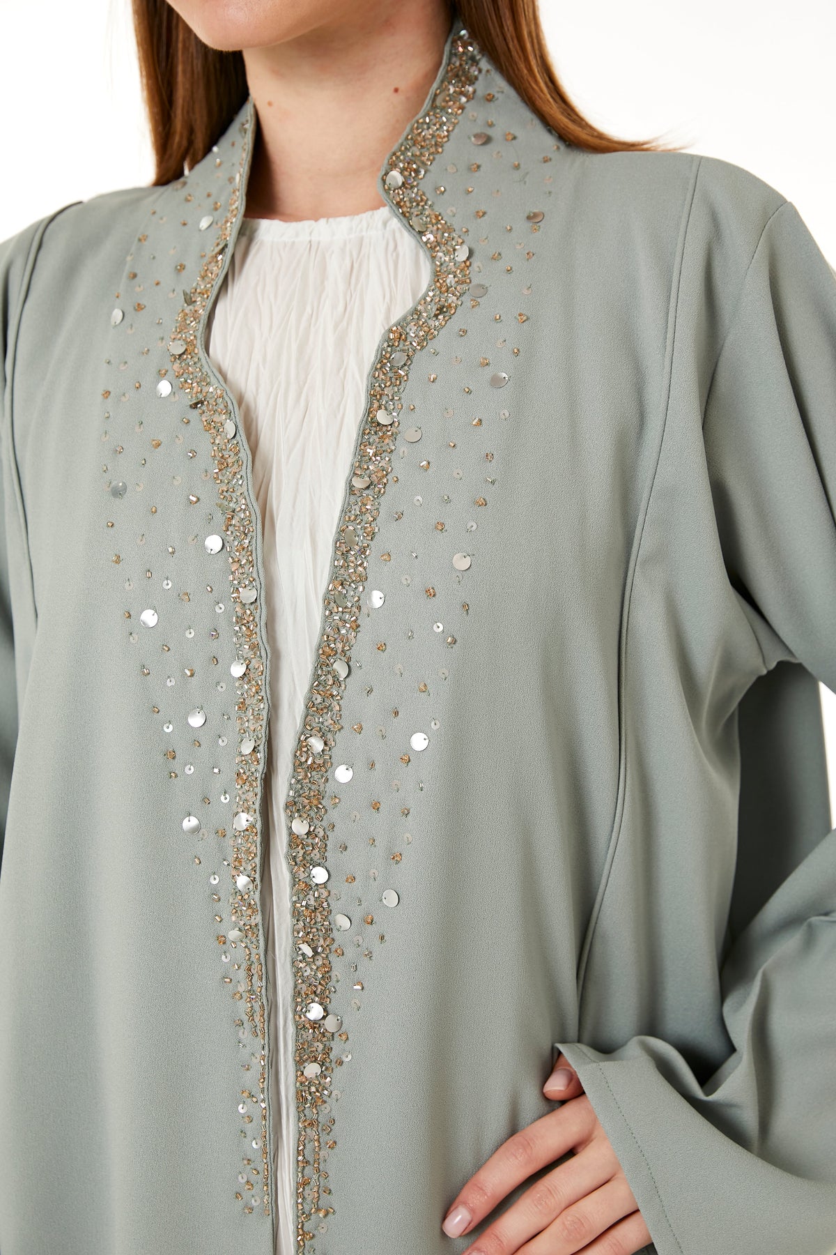 MOiSTREET Grey Indonesian Crepe Hand Embellished Abaya