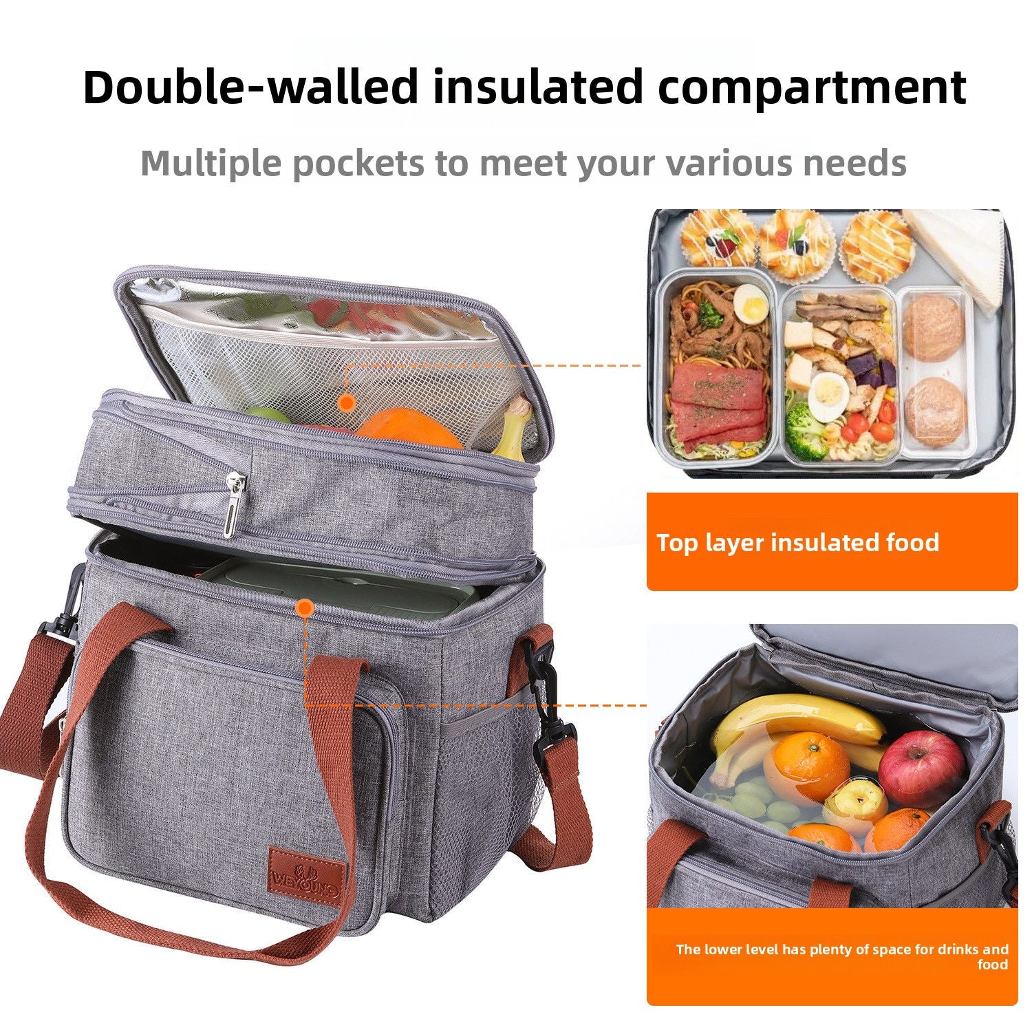 Double Layer Insulated Lunch Bag Large Capacity with Shoulder Strap