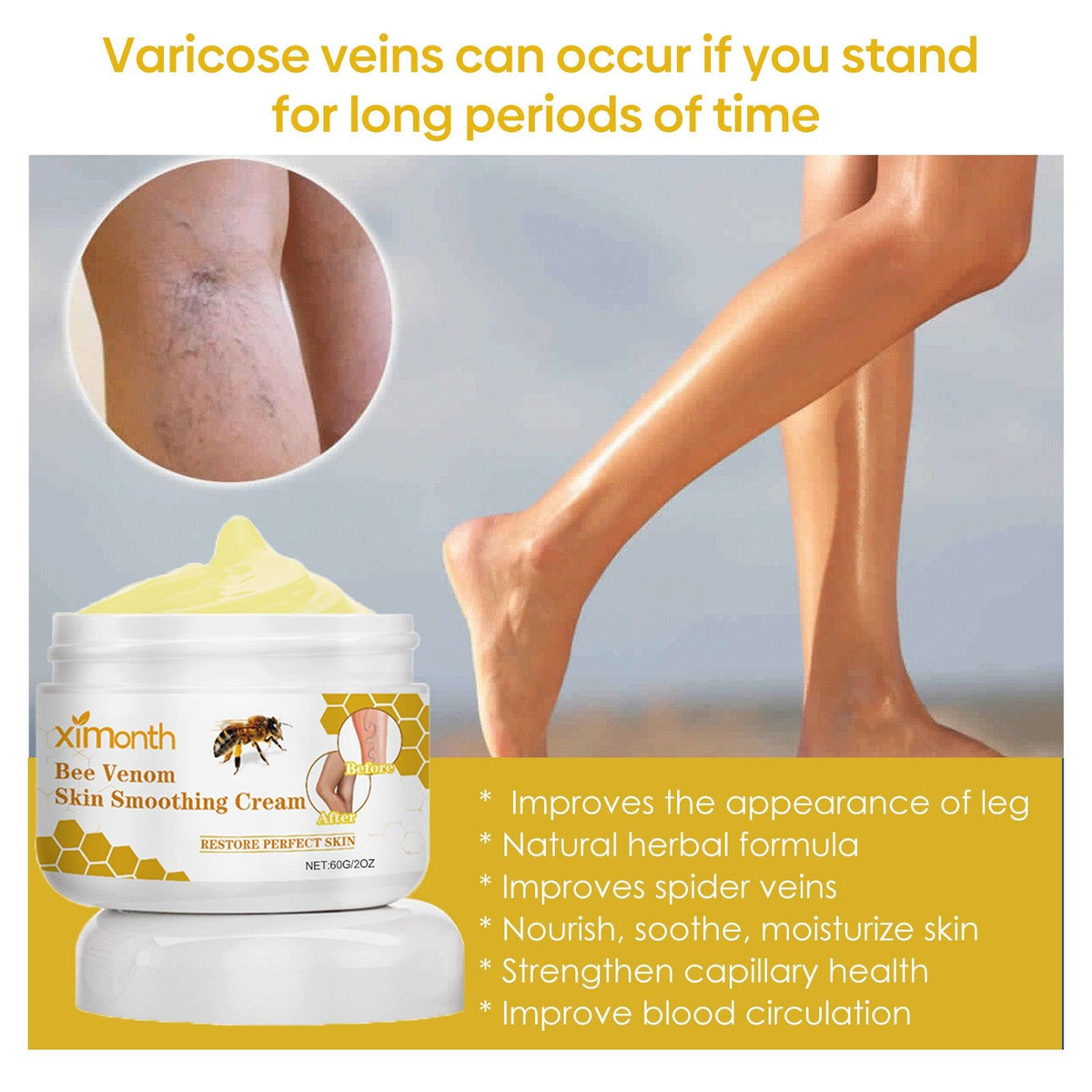 Bee Venom Leg Care Cream, Natural Herbal, Boost Circulation, Intravenous Care ,60g