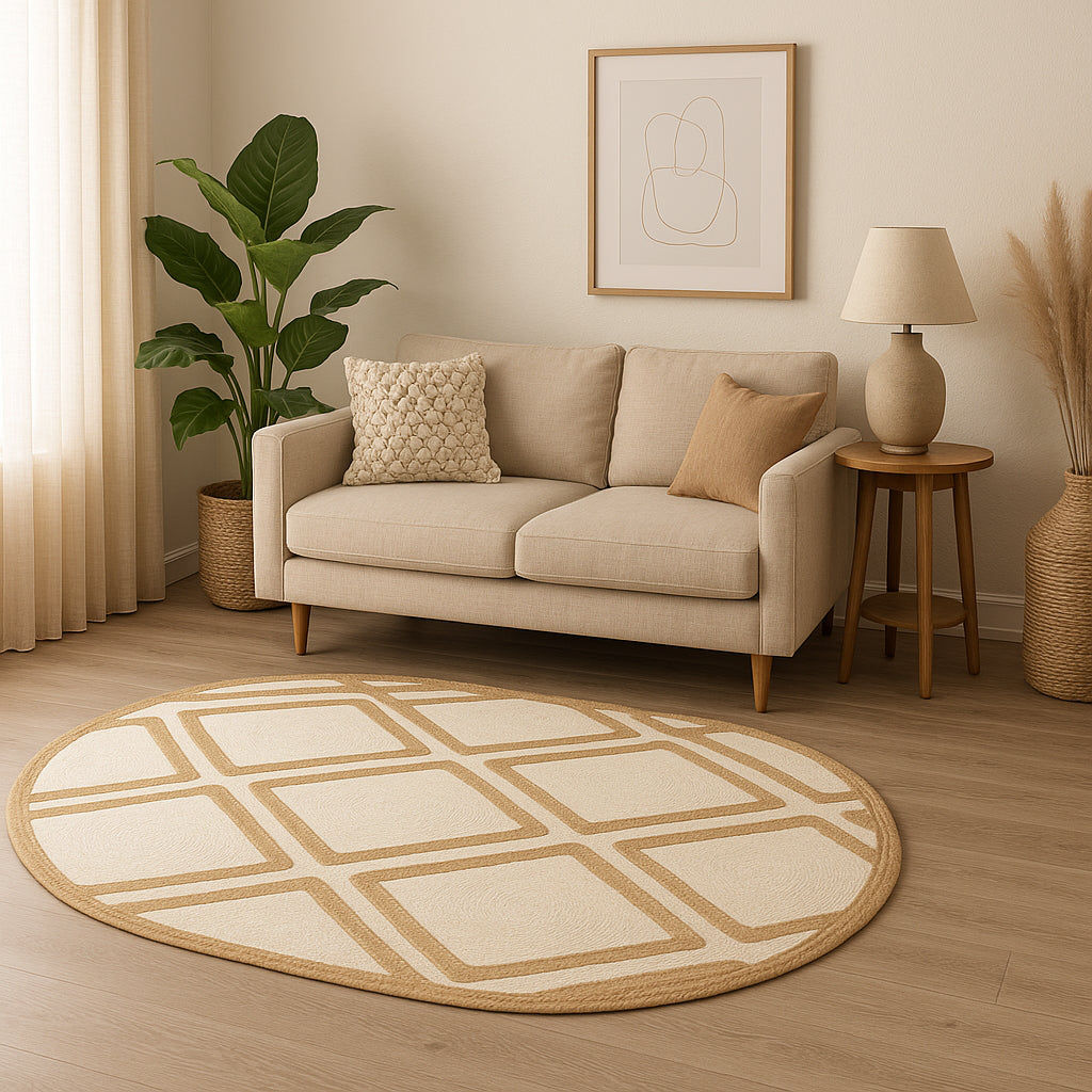 Oval Geometric Jute Rug in Ivory & Natural | Modern Minimalist Area Carpet