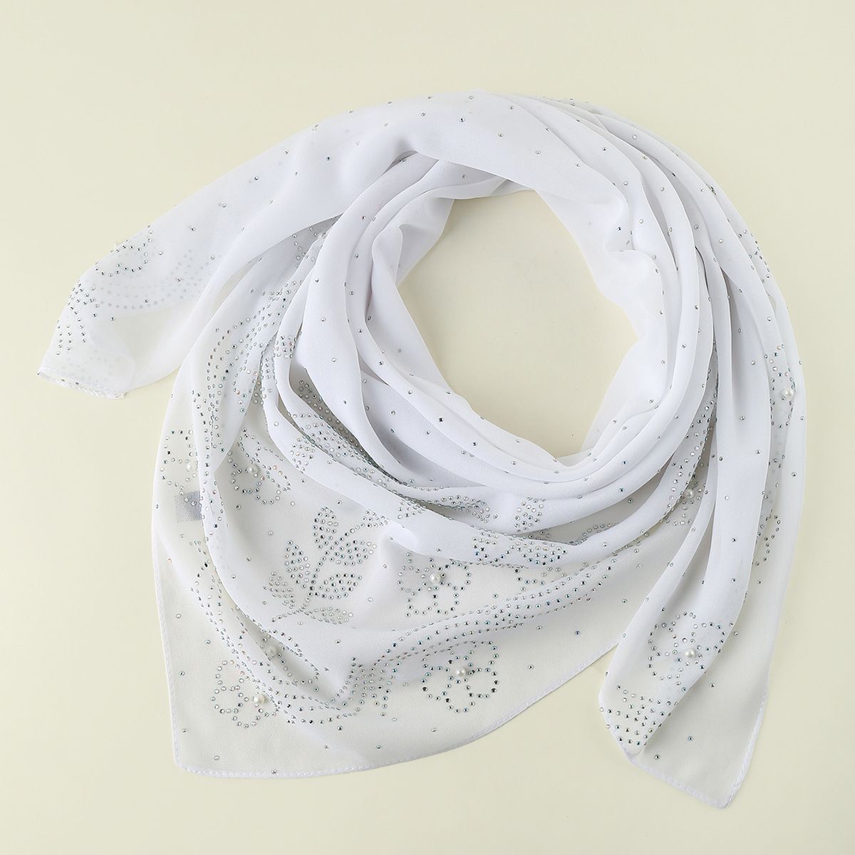 White Pearl Rhinestone Chiffon Hijab Scarf Wedding Shawl