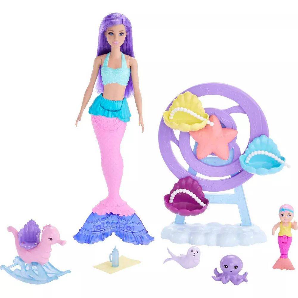 Barbie Dreamtopia Mermaid Babysitting Playset, Purple Hair Mermaid Doll with Accessories, Model HLC30