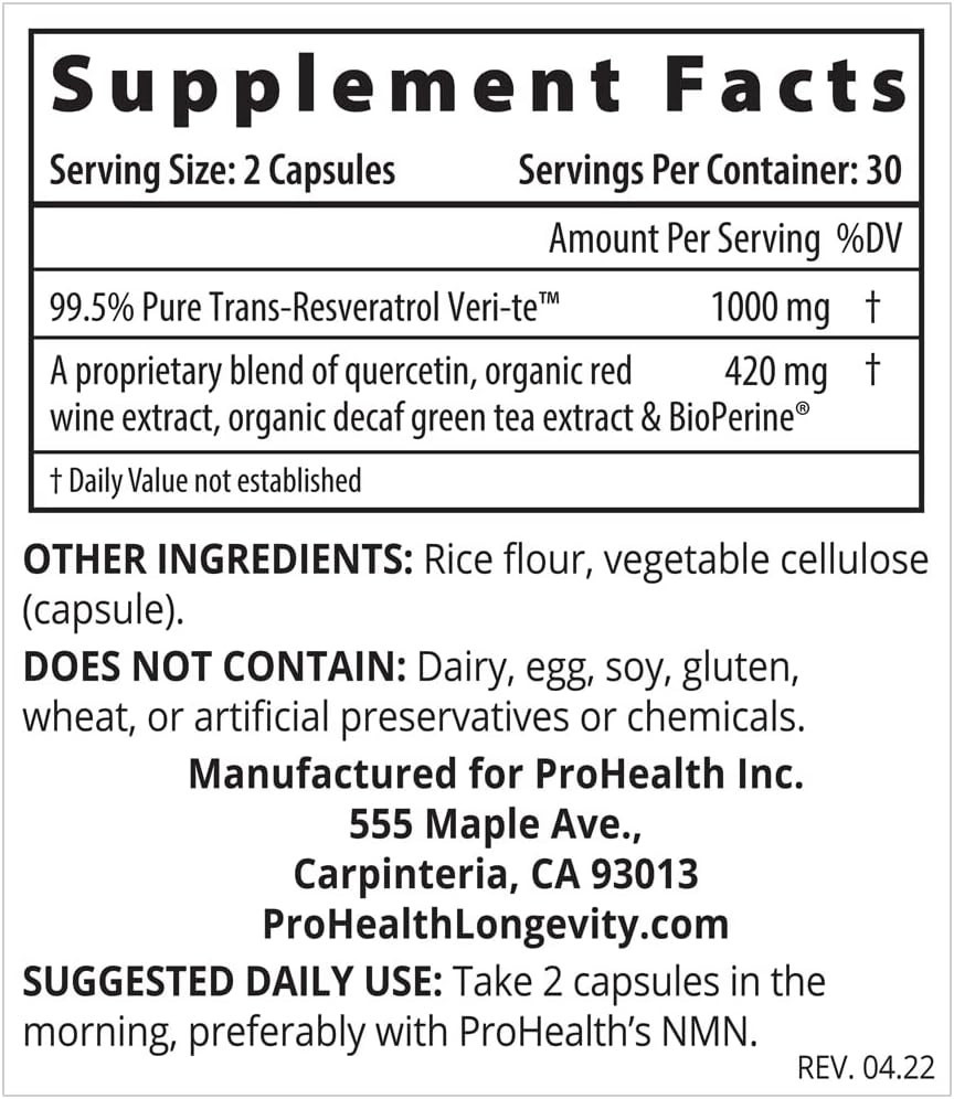 ProHealth Trans-Resveratrol 1000 - 60 Capsules Supports Healthy Ageing, Brain Health, Cardiovascular and Joint