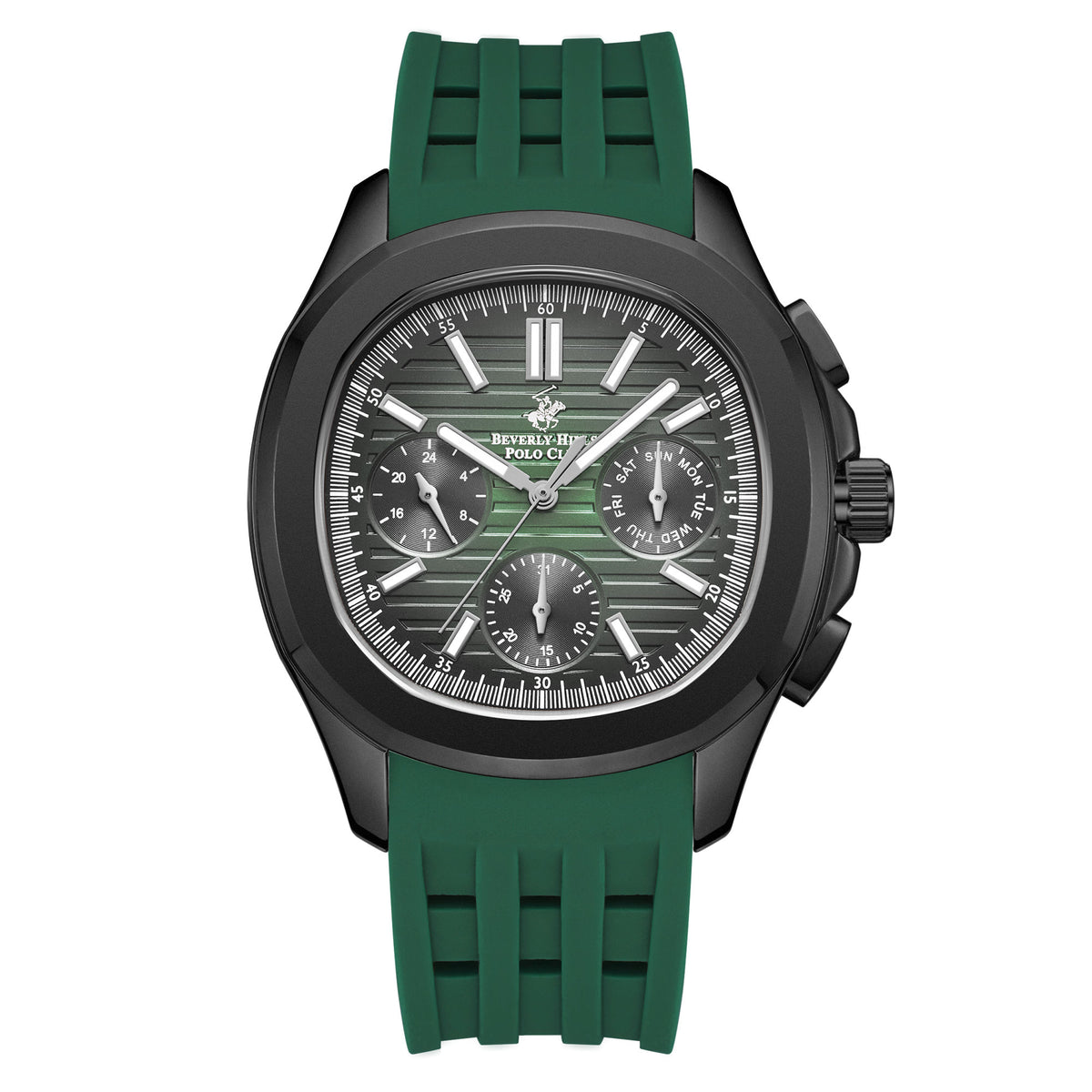 Beverly Hills Polo Club Men’s Multi-Function Watch, Green Dial, Silicone Strap, Quartz, 50M Water Resistant, BP3211X.377