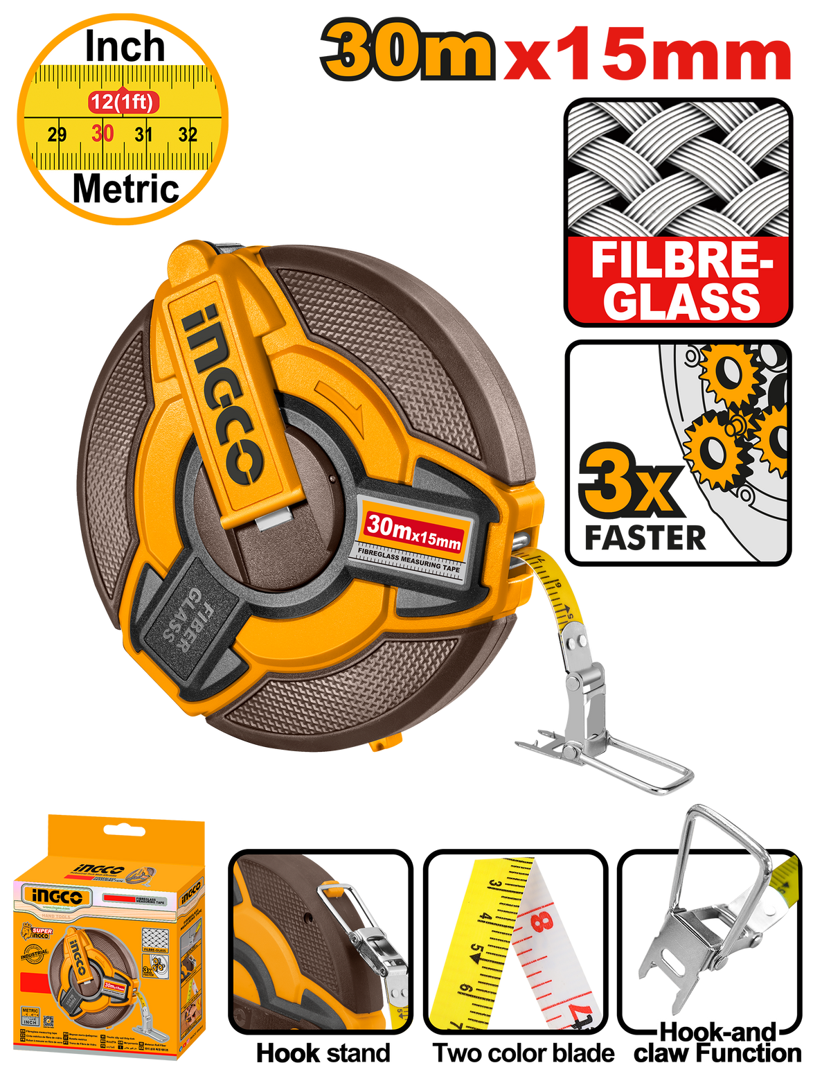 INGCO Fiberglass Measuring Tape 30M Heavy Duty Survey Tape