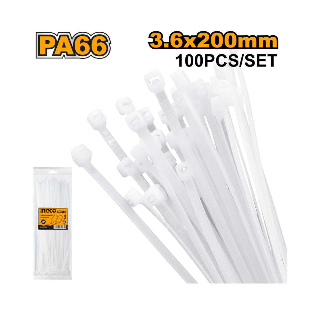 INGCO Cable Ties, Nylon 66, White, 100 Pieces