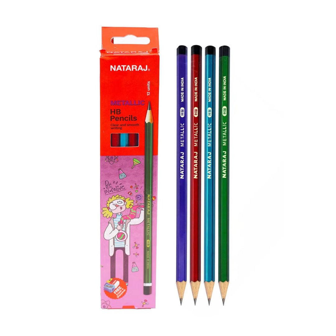 Nataraj Metallic HB Pencils, 12 Piece Pack with Sharpener & Eraser, Assorted Colors