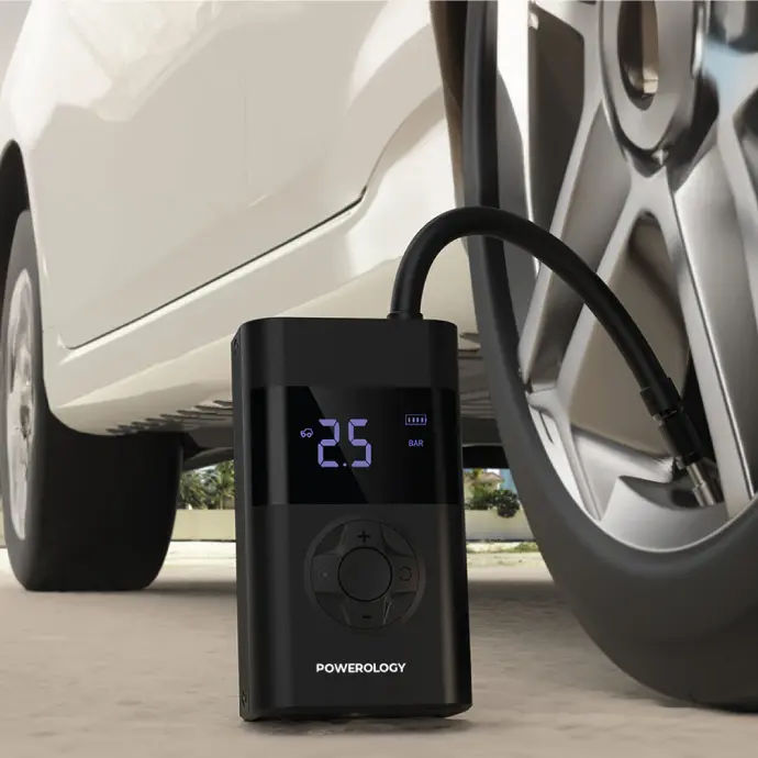Powerology Ultra Portable Air Compressor Power Bank 4000mAh, 150 PSI Tire Inflator with LED Light, Black