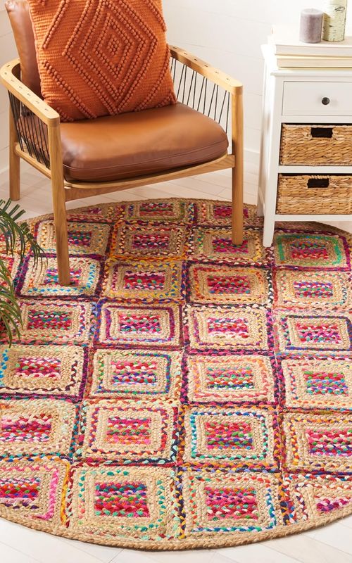 Multicolor Cotton & Jute Round Rug Square Pattern | Handwoven Boho Geometric Area Rug