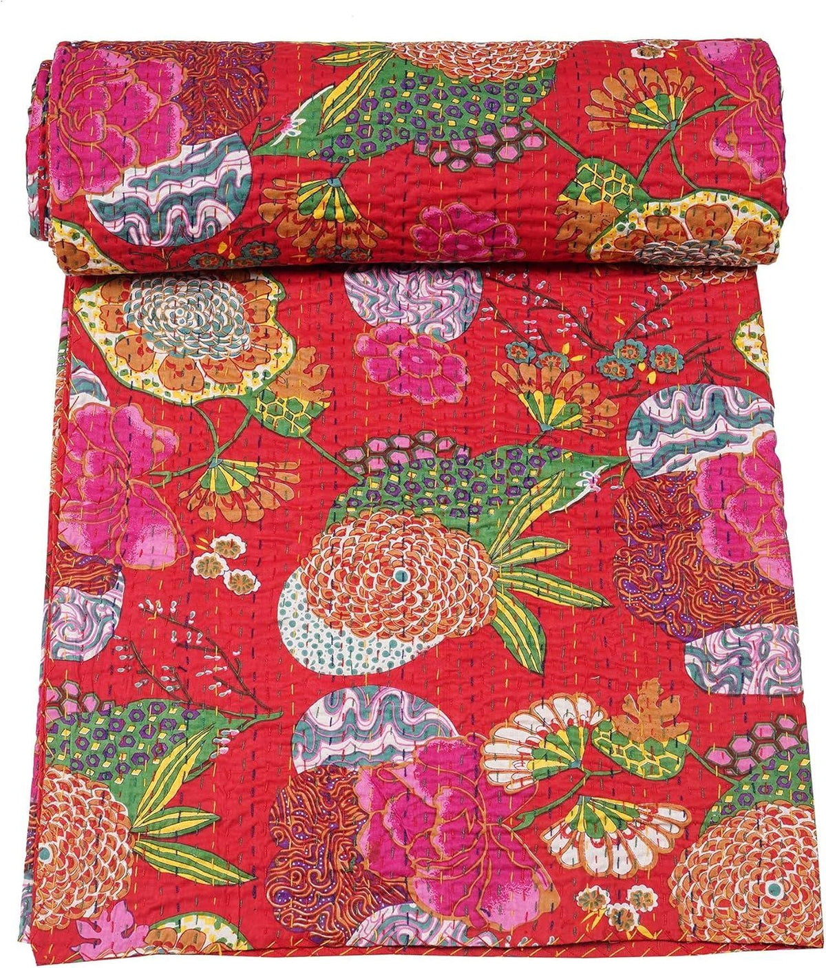 Red Flower Kantha Quilt Handmade Cotton Bedcover | Traditional Indian Floral Bedding