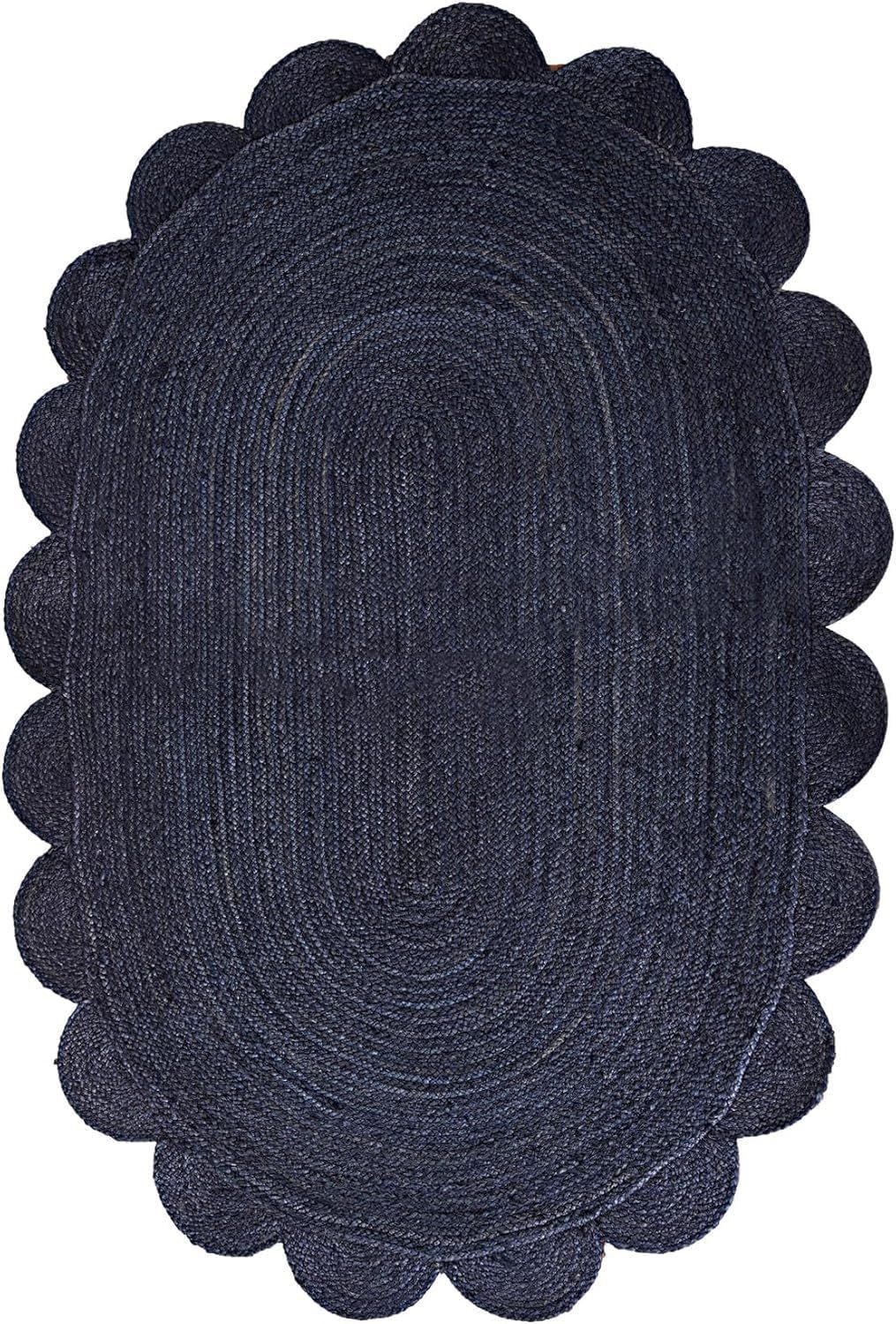 Navy Blue Jute Rug Scalloped Round Carpet | Handwoven Boho Living Room Floor Rug