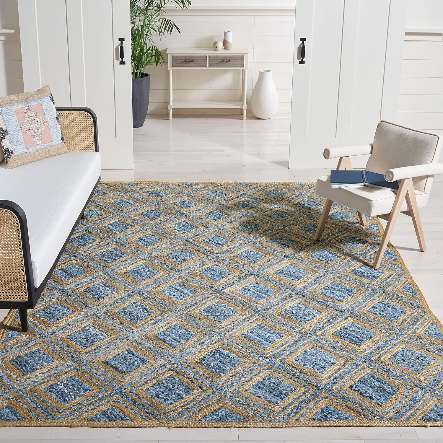 Denim Jute Rectangular Rug Diamond Pattern | Blue Beige Handwoven Area Carpet