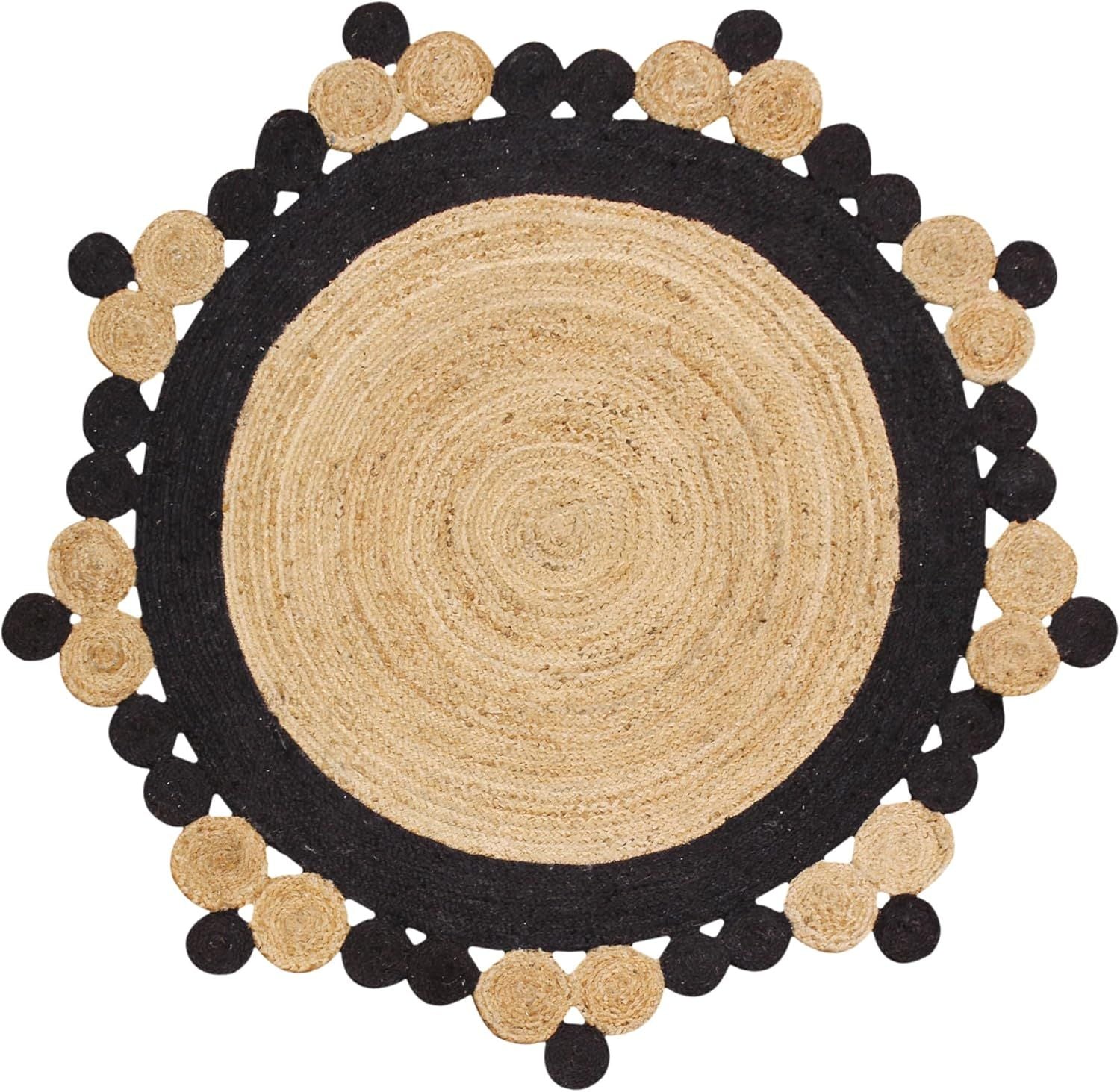 Designer Scalloped Border Jute Round Rug | Black & Natural Handwoven Area Carpet
