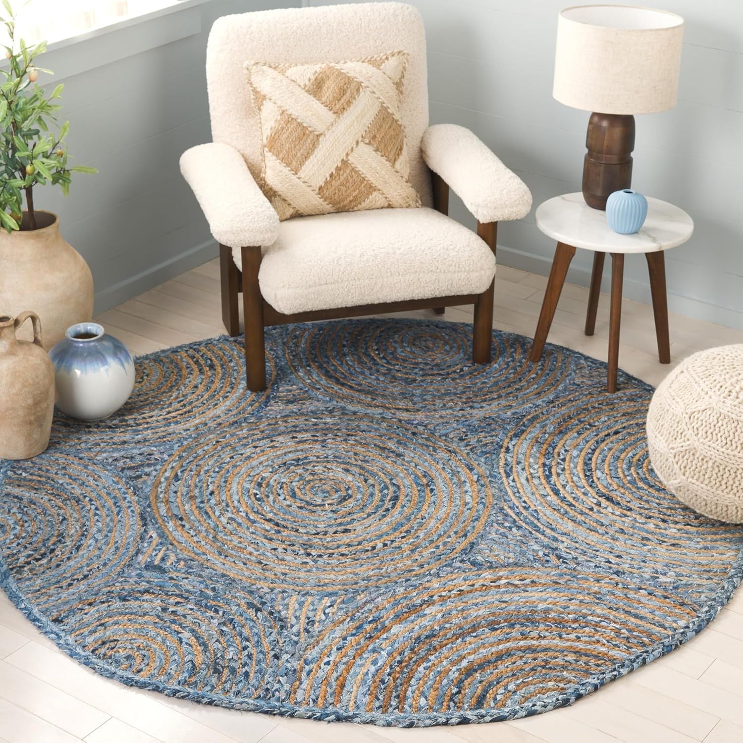 Blue Denim & Jute Round Rug with Spiral Pattern | Handmade Modern Boho Area Rug