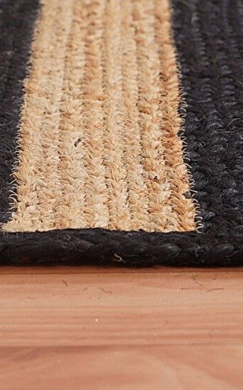 Natural Jute Rug with Black Stripes & Border | Handwoven Modern Carpet