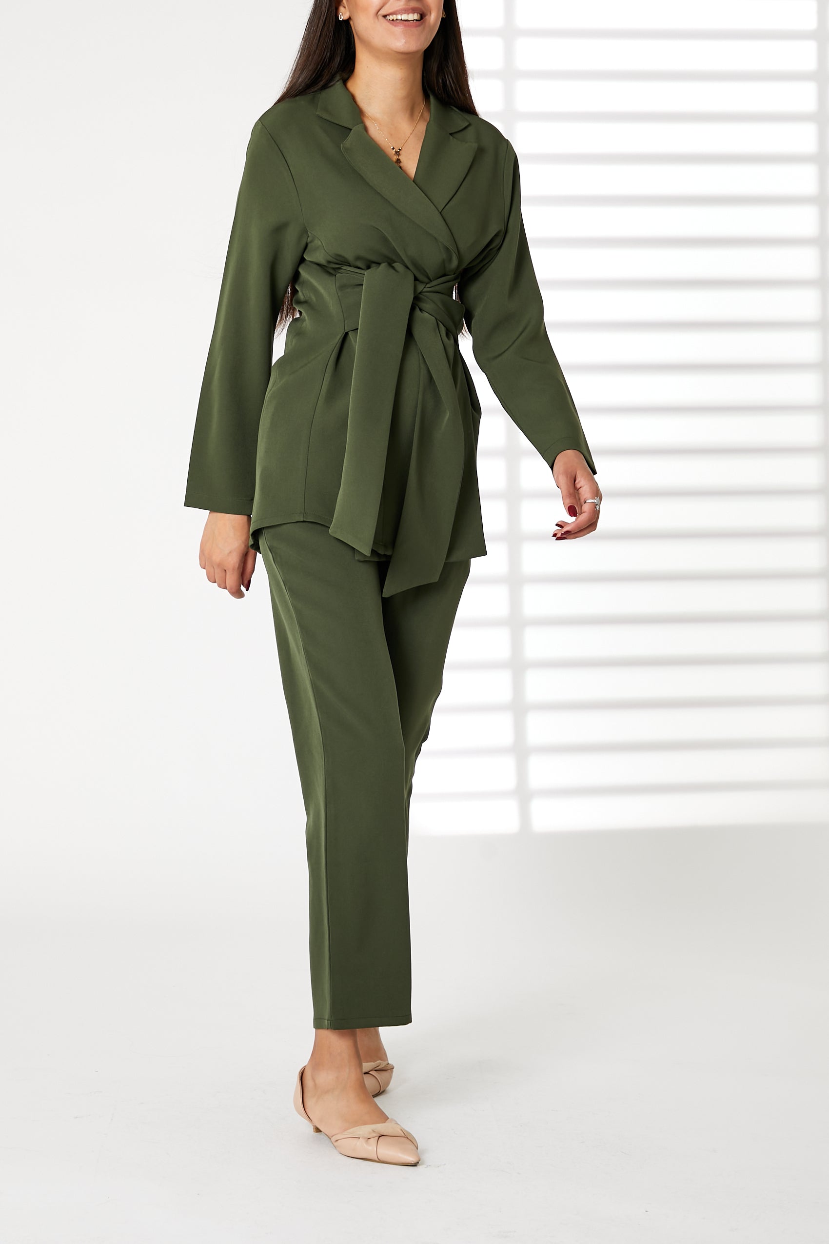 MOiSTREET Green Barbie Crepe Fabric Blazer and Pants Set