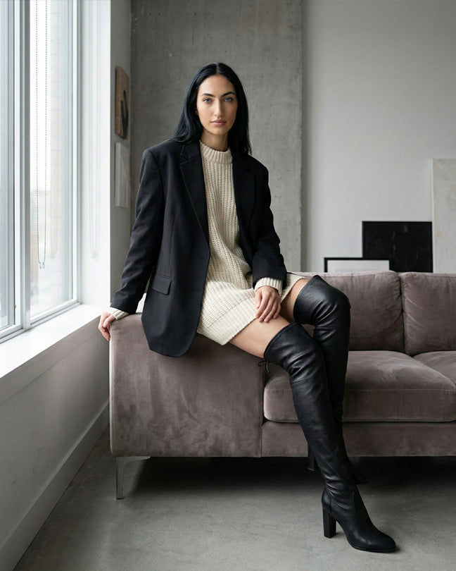 Stuart Weitzman highland  Black Leather BLK Heeled Over-the-Knee Boots