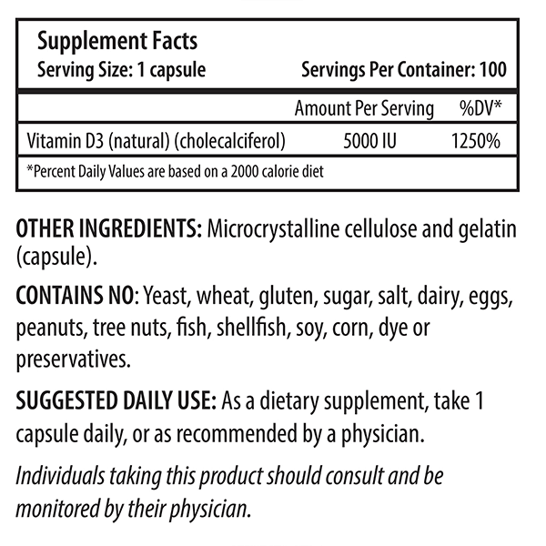 Vitamin D3 5000 IU, 100 Caps