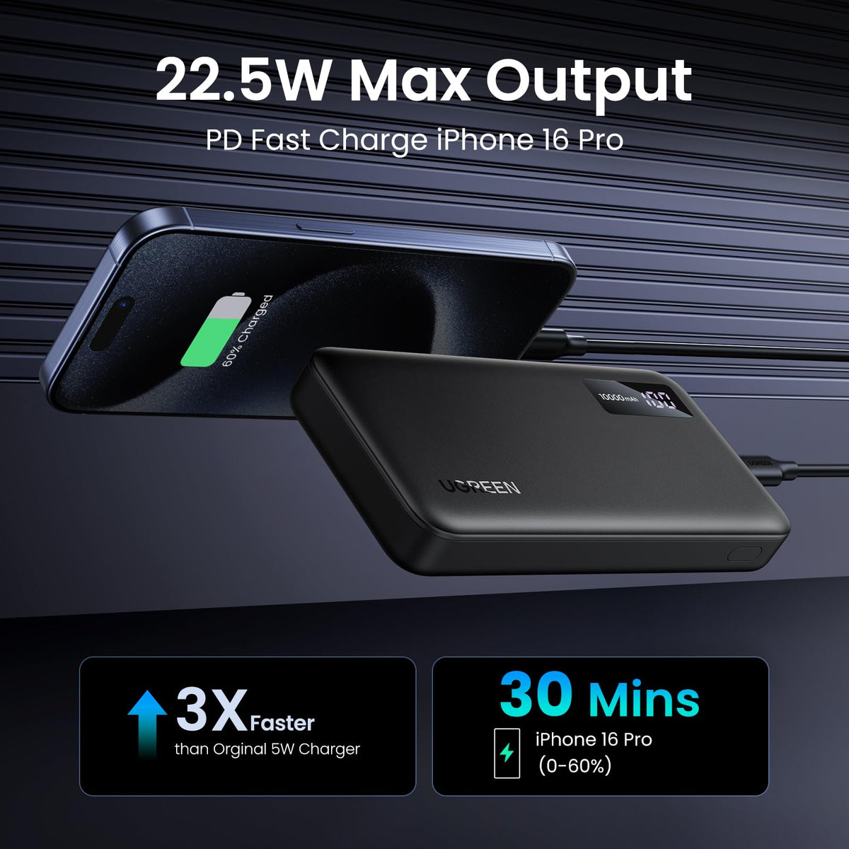 UGREEN PB311 10000mAh 22.5W Fast Charging Power Bank with USB-C and USB-A Ports, Black