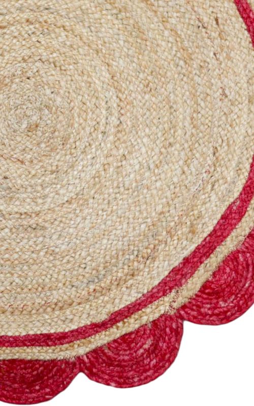 Handmade Natural Jute Area Rug with Red Scalloped Border – Round Boho Floor Carpet for Living Room & Bedroom