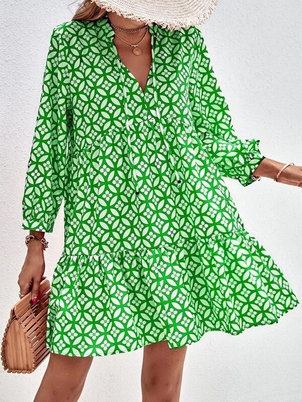 Women's Floral Printed V-Neck Long Dress with 3/4 Sleeves