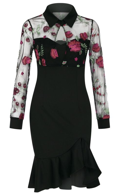 Women Elegant Party Dresses Floral Print Long Sleeve Bodycon Dress Ruffle Hem Slit Design