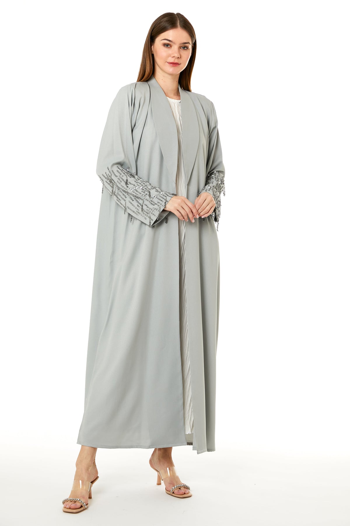 MOiSTREET Grey Korean Nida Hand Embellished Abaya