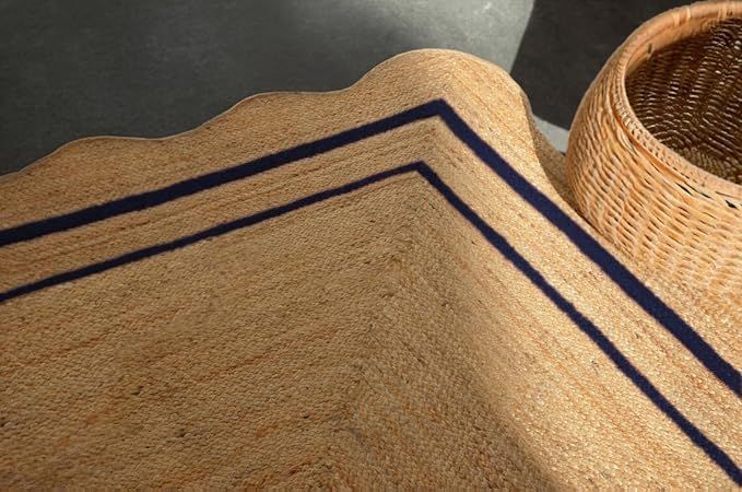 Scalloped Rectangle Jute Rug with Blue Border Lines | Handmade Natural Area & Runner Carpet