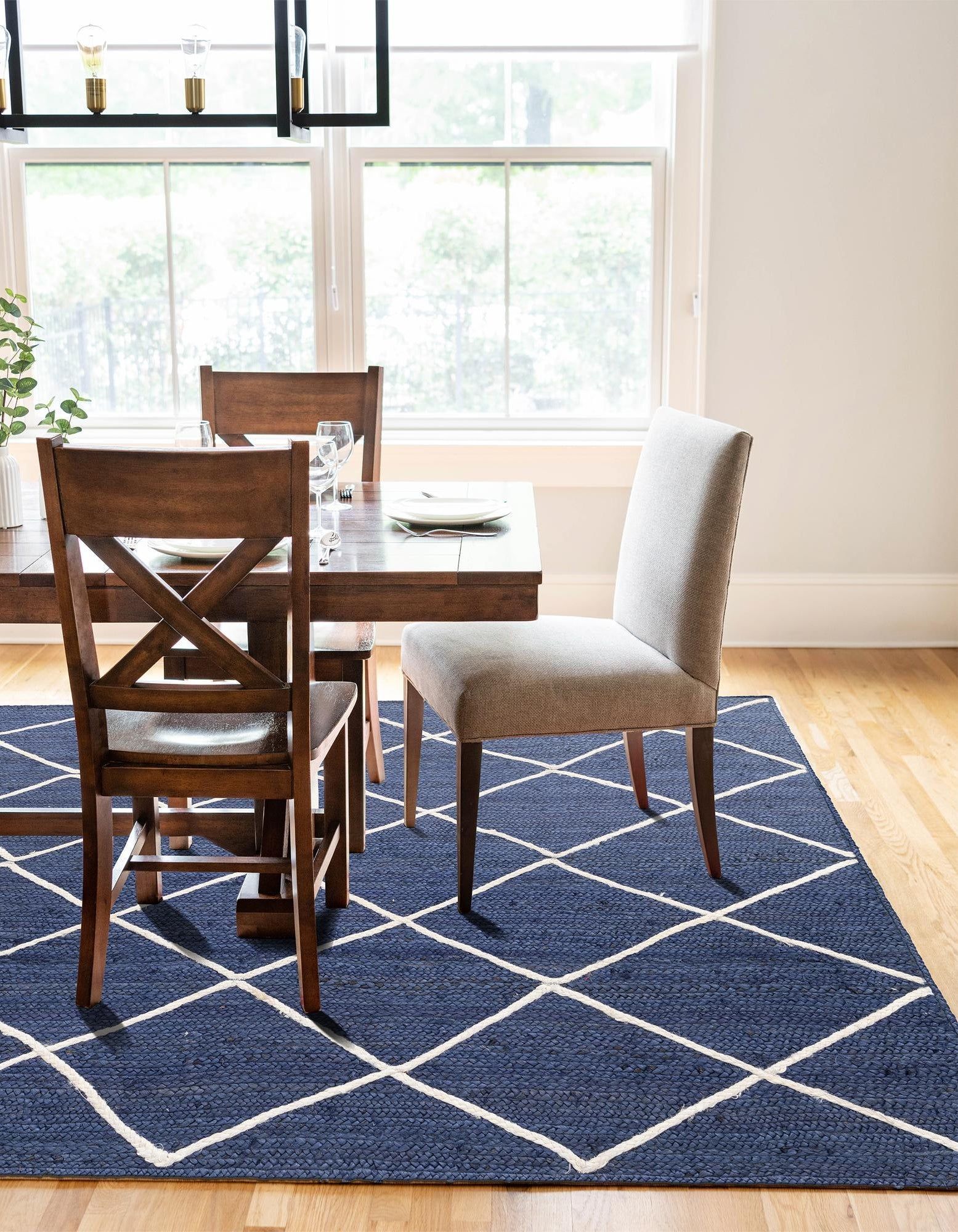 Blue Geometric Natural Jute Area Rug with White Diamond Pattern | Floor Carpet & Bedside Rug