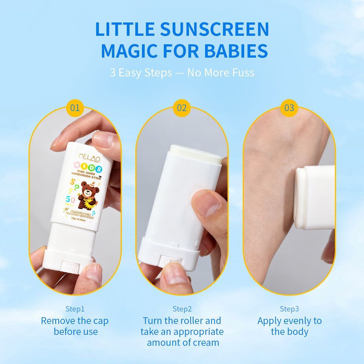 MELAO Kids Zinc Oxide Sunscreen Stick SPF50+ PA++++, Gentle Solid Sun Protection for Sensitive Skin 15g