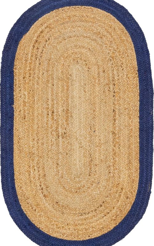 Natural Jute Oval Rug with Navy Blue Border | Hand-Woven Coastal Farmhouse Area Rug