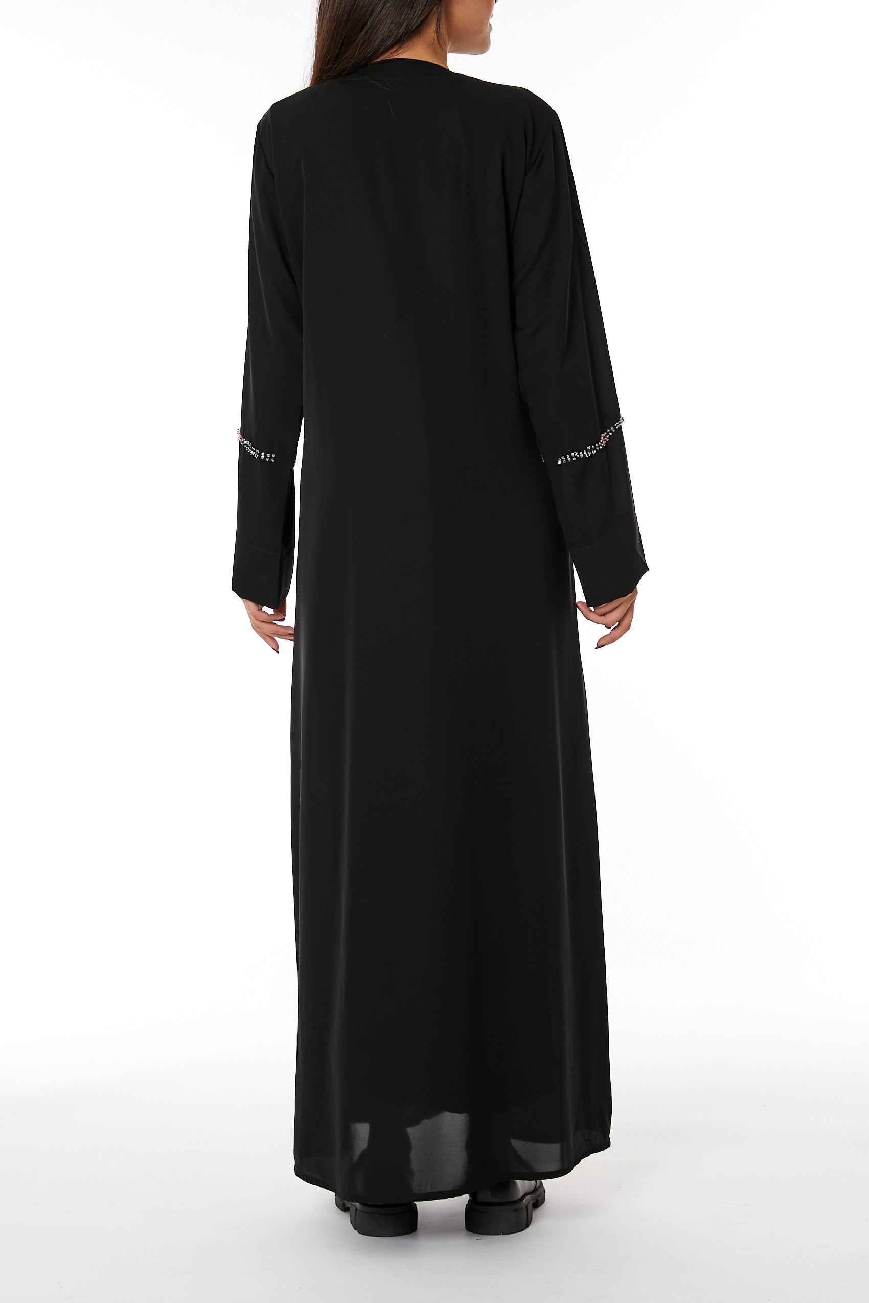MOiSTREET Black Nida Embroidered V-Neck Open Abaya