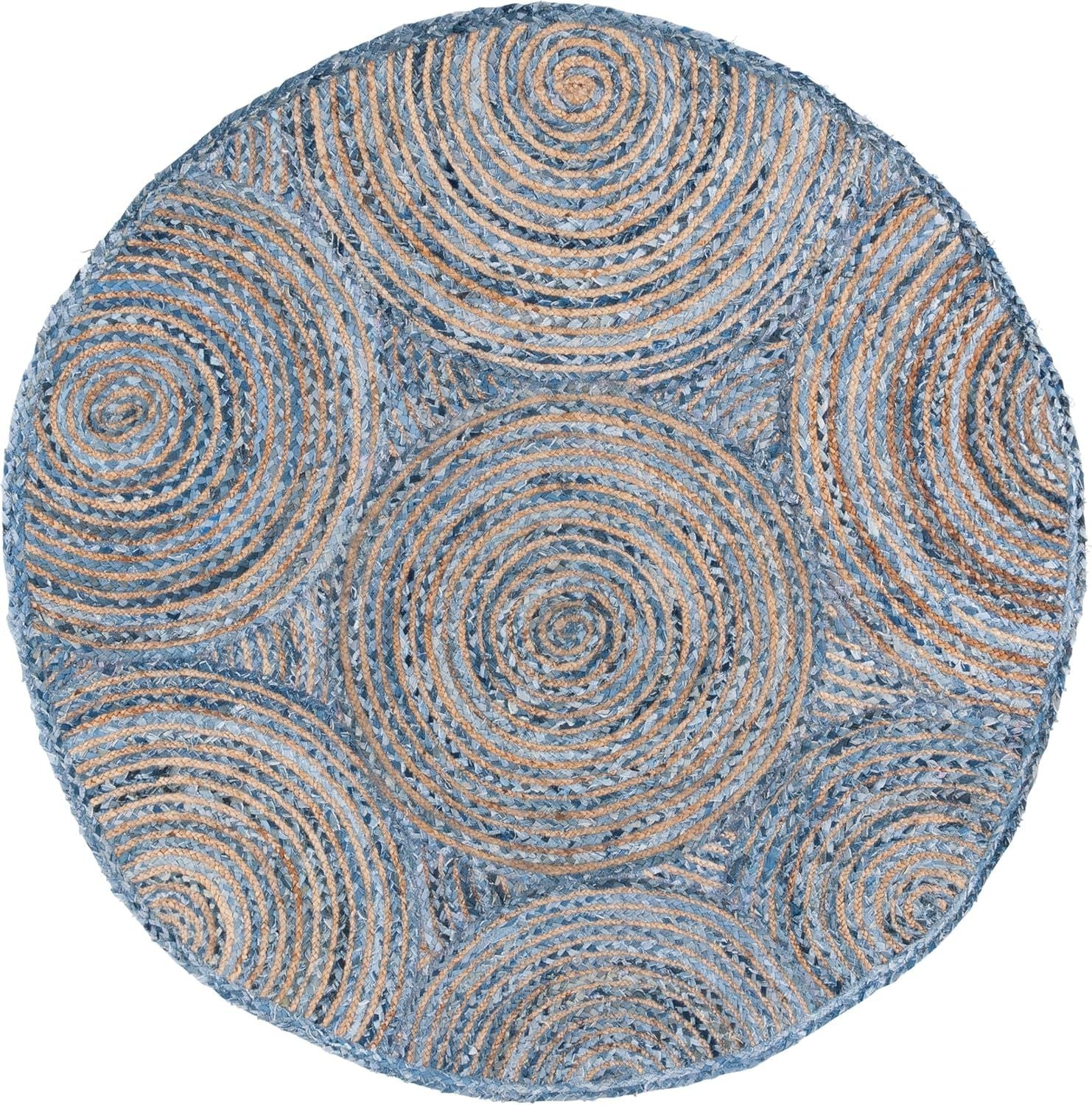 Blue Denim & Jute Round Rug with Spiral Pattern | Handmade Modern Boho Area Rug